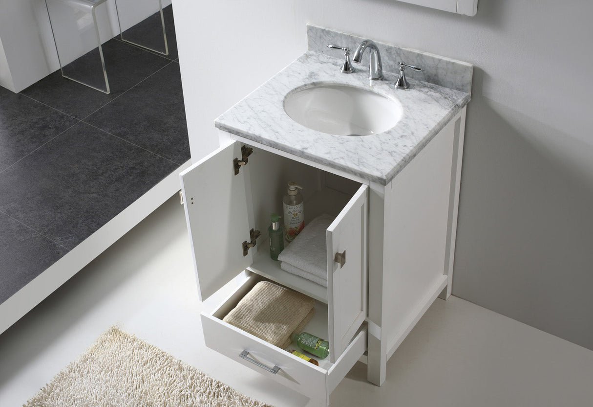 Virtu USA Caroline Avenue 24" Single Bath Vanity with White Marble Top and Round Sink with Brushed Nickel Faucet with Matching Mirror