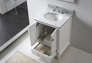 Virtu USA Caroline Avenue 24" Single Bath Vanity with White Marble Top and Round Sink with Polished Chrome Faucet with Matching Mirror