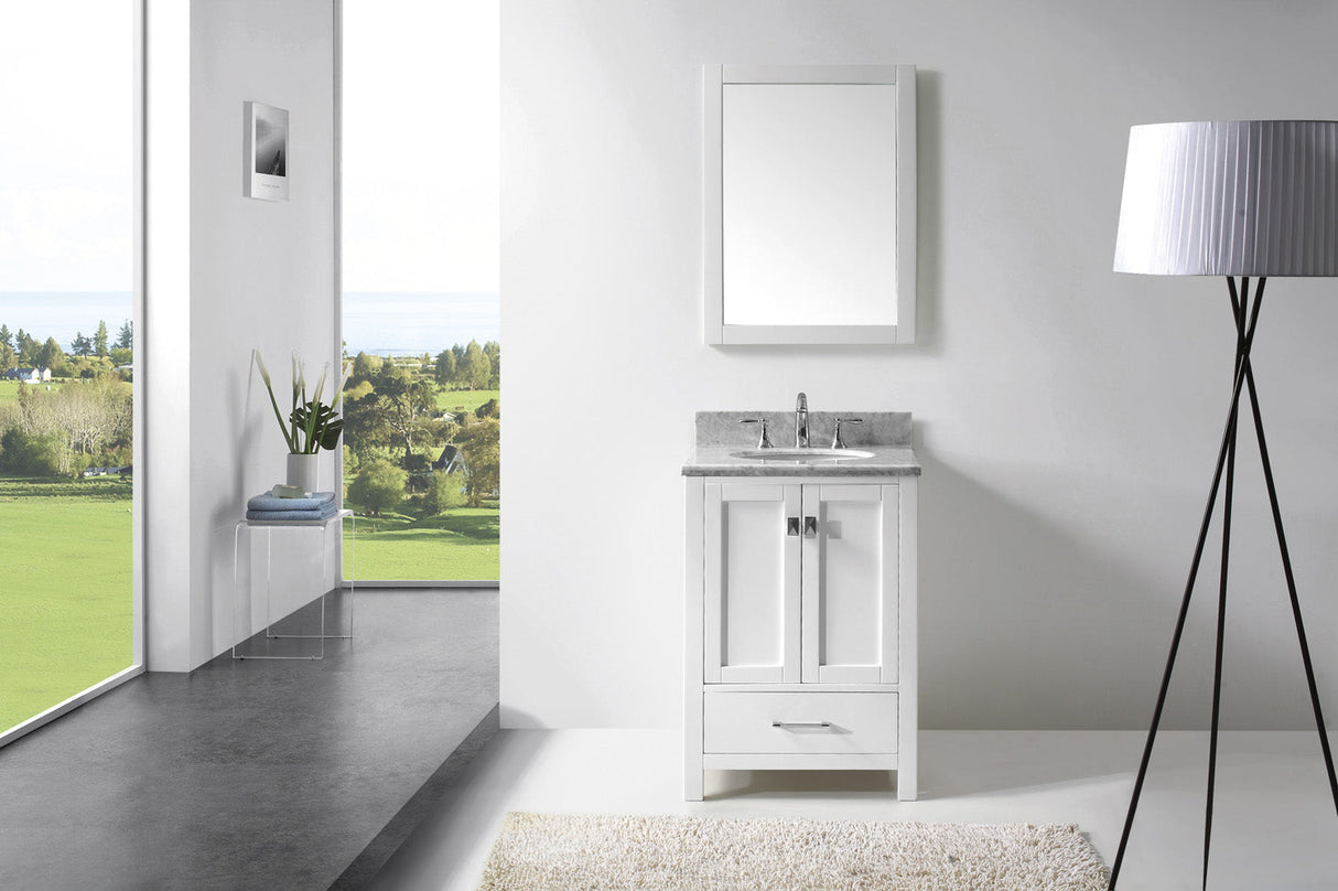 Virtu USA Caroline Avenue 24" Single Bath Vanity with White Marble Top and Round Sink with Matching Mirror