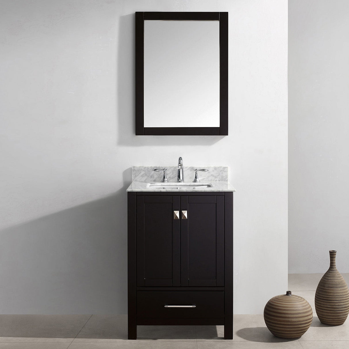 Virtu USA Caroline Avenue 24" Single Bath Vanity with White Marble Top and Square Sink with Polished Chrome Faucet with Matching Mirror