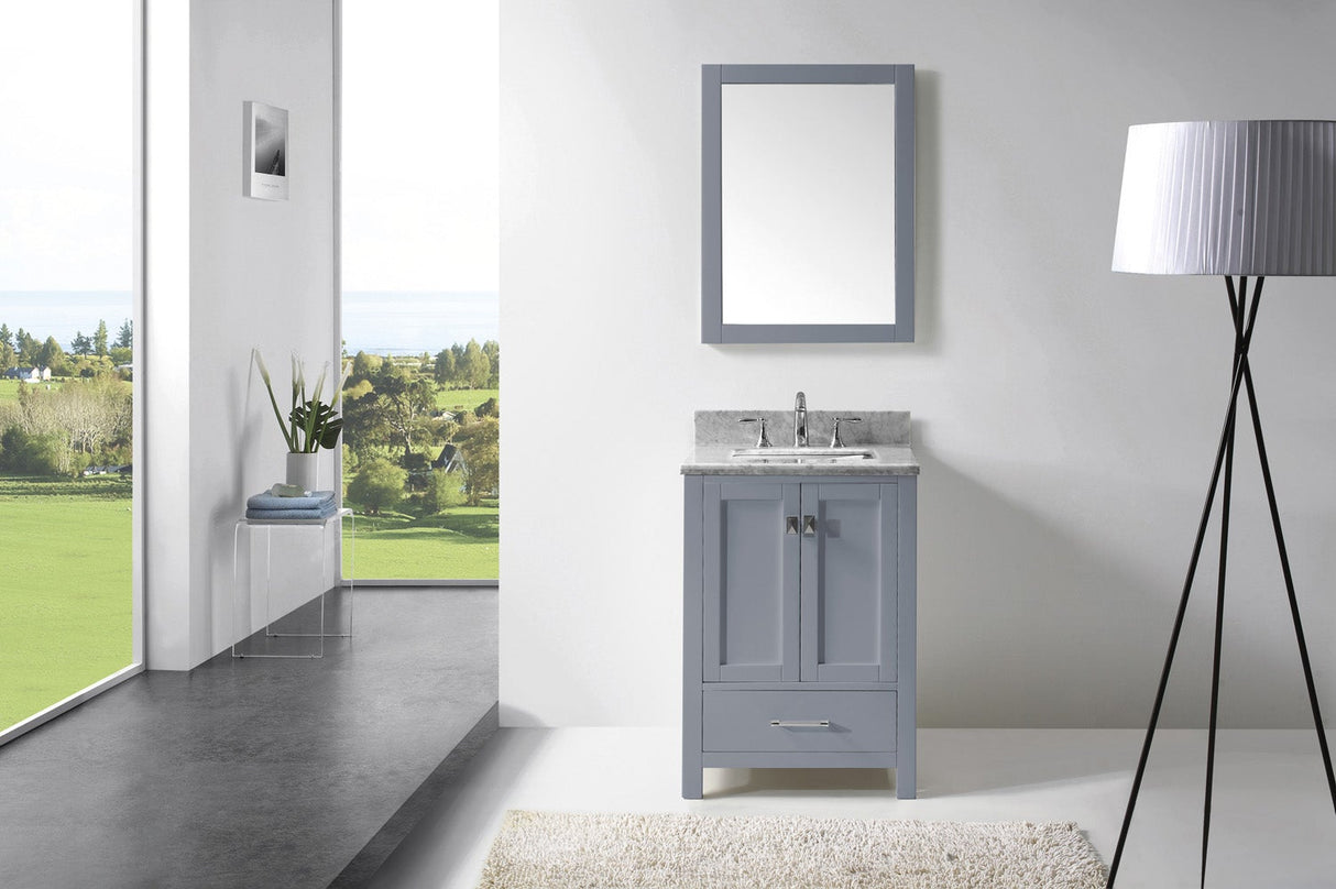 Virtu USA Caroline Avenue 24" Single Bath Vanity with White Marble Top and Square Sink with Polished Chrome Faucet with Matching Mirror