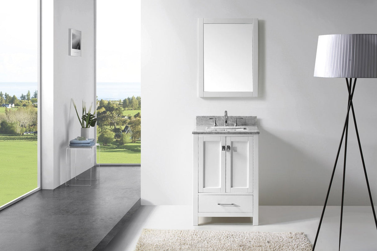Virtu USA Caroline Avenue 24" Single Bath Vanity with White Marble Top and Square Sink with Polished Chrome Faucet with Matching Mirror