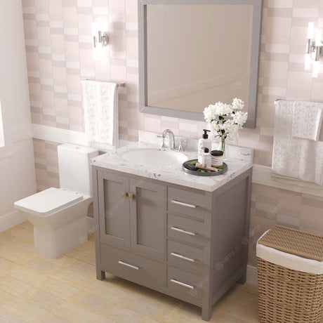 Virtu USA Caroline Avenue 36" Single Bath Vanity with White Quartz Top and Round Sink with Matching Mirror
