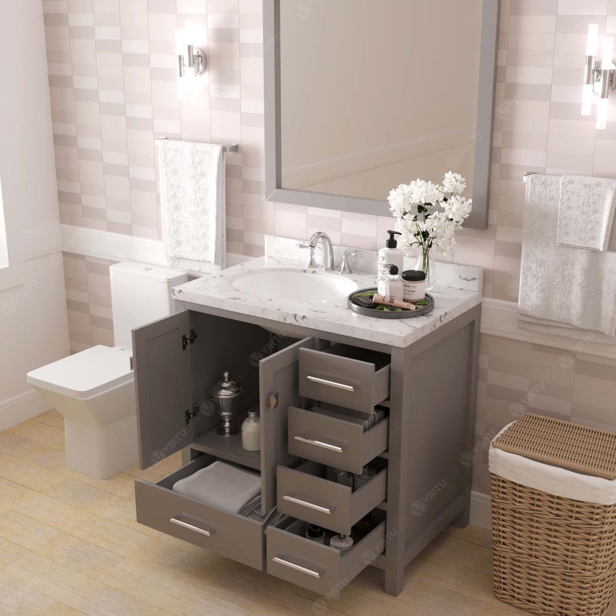 Virtu USA Caroline Avenue 36" Single Bath Vanity with White Quartz Top and Round Sink with Matching Mirror