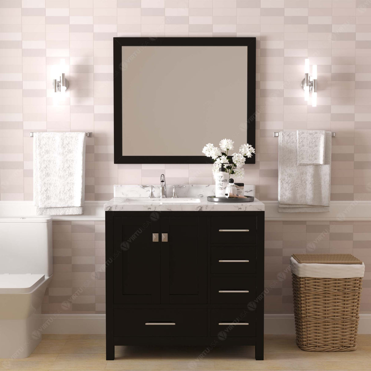 Virtu USA Caroline Avenue 36" Single Bath Vanity with White Quartz Top and Round Sink with Matching Mirror