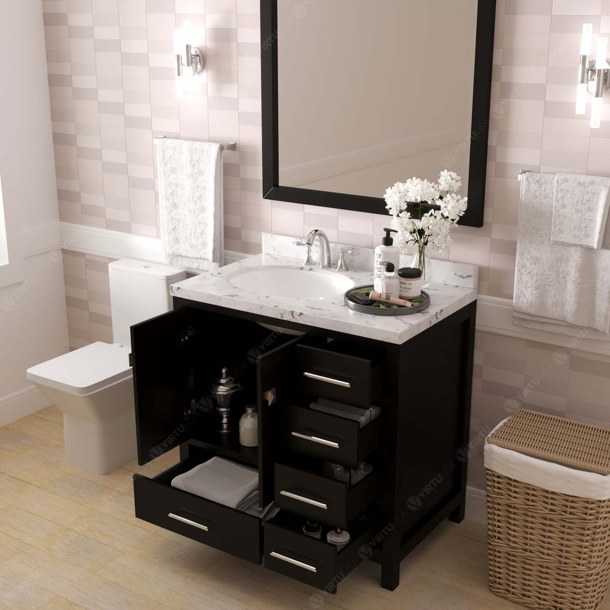 Virtu USA Caroline Avenue 36" Single Bath Vanity with White Quartz Top and Round Sink with Matching Mirror