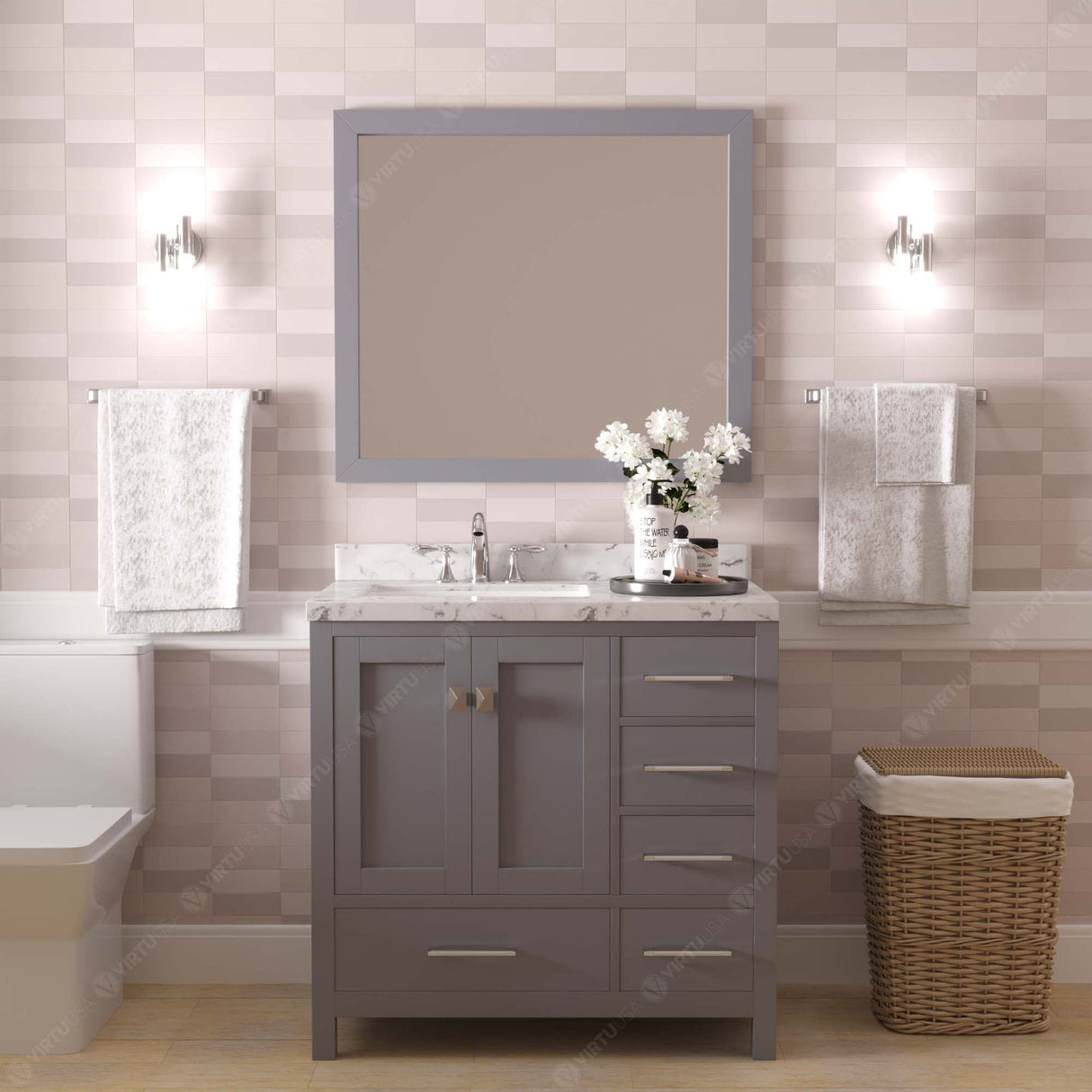 Virtu USA Caroline Avenue 36" Single Bath Vanity with White Quartz Top and Round Sink with Matching Mirror