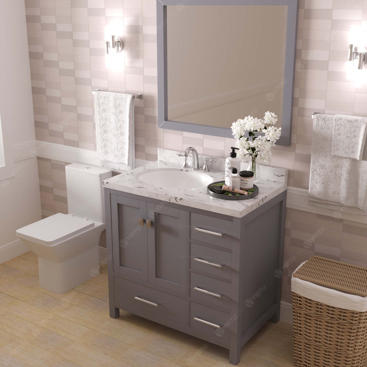 Virtu USA Caroline Avenue 36" Single Bath Vanity with White Quartz Top and Round Sink with Brushed Nickel Faucet with Matching Mirror