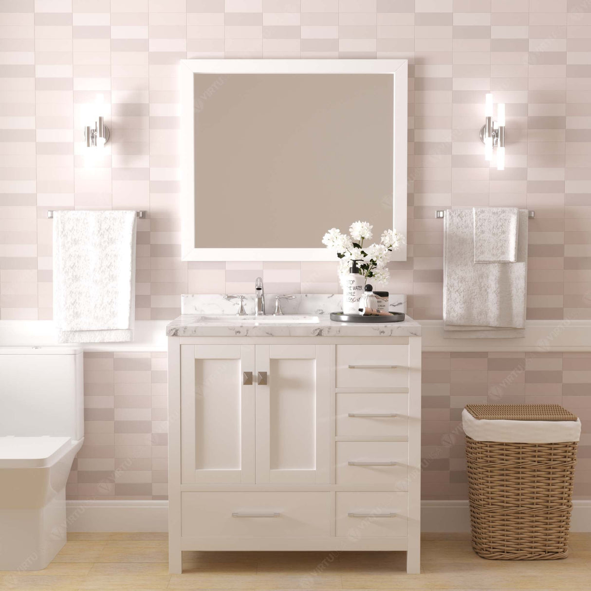 Virtu USA Caroline Avenue 36" Single Bath Vanity with White Quartz Top and Round Sink with Matching Mirror