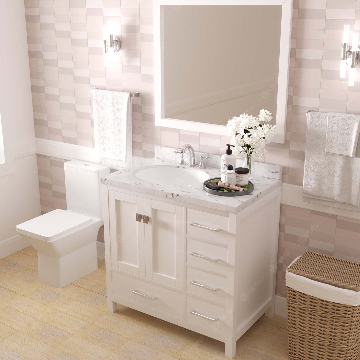 Virtu USA Caroline Avenue 36" Single Bath Vanity with White Quartz Top and Round Sink with Matching Mirror