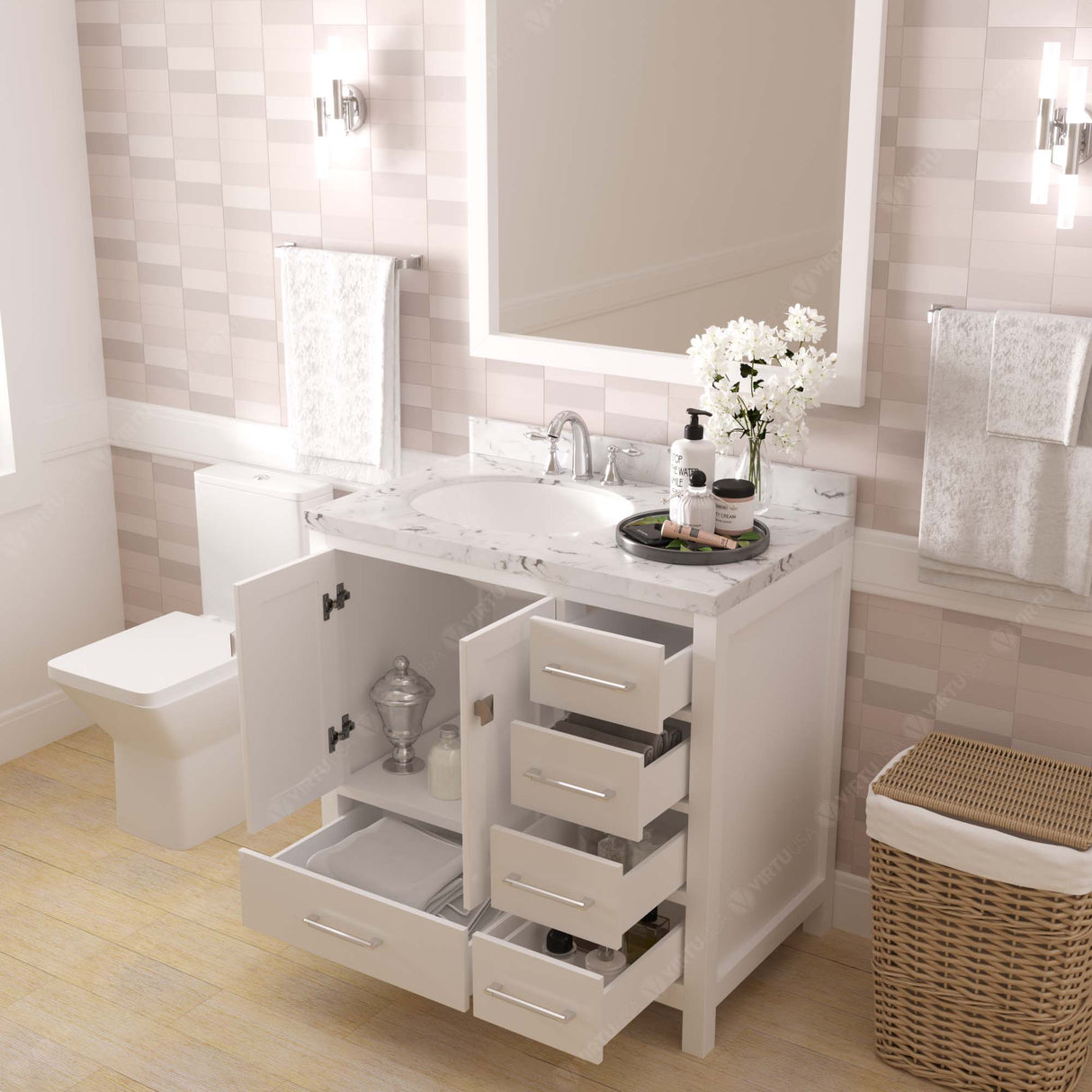 Virtu USA Caroline Avenue 36" Single Bath Vanity with White Quartz Top and Round Sink with Matching Mirror