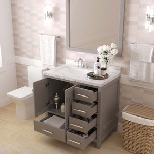Virtu USA Caroline Avenue 36" Single Bath Vanity with White Quartz Top and Square Sink with Brushed Nickel Faucet with Matching Mirror