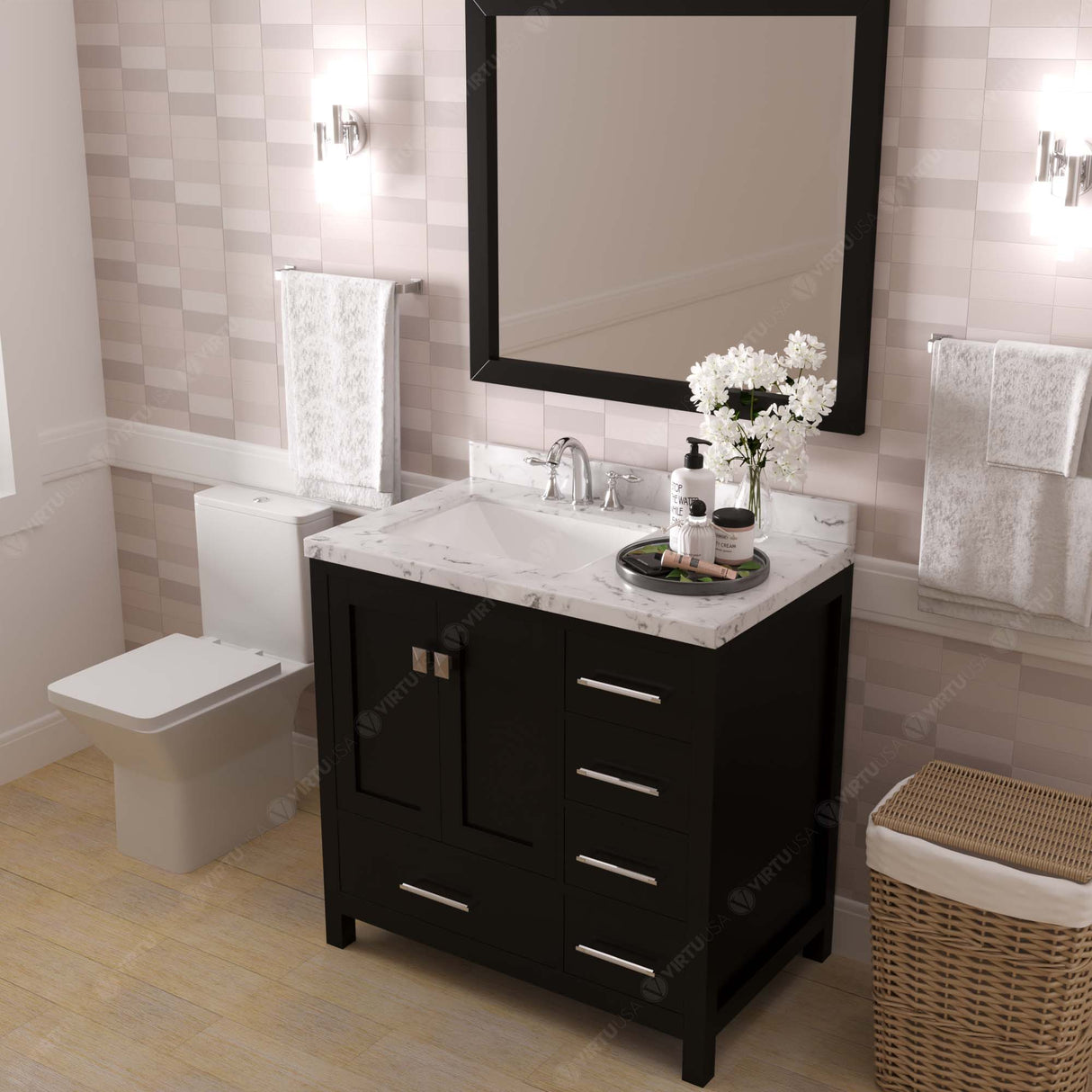 Virtu USA Caroline Avenue 36" Single Bath Vanity with White Quartz Top and Square Sink with Polished Chrome Faucet with Matching Mirror