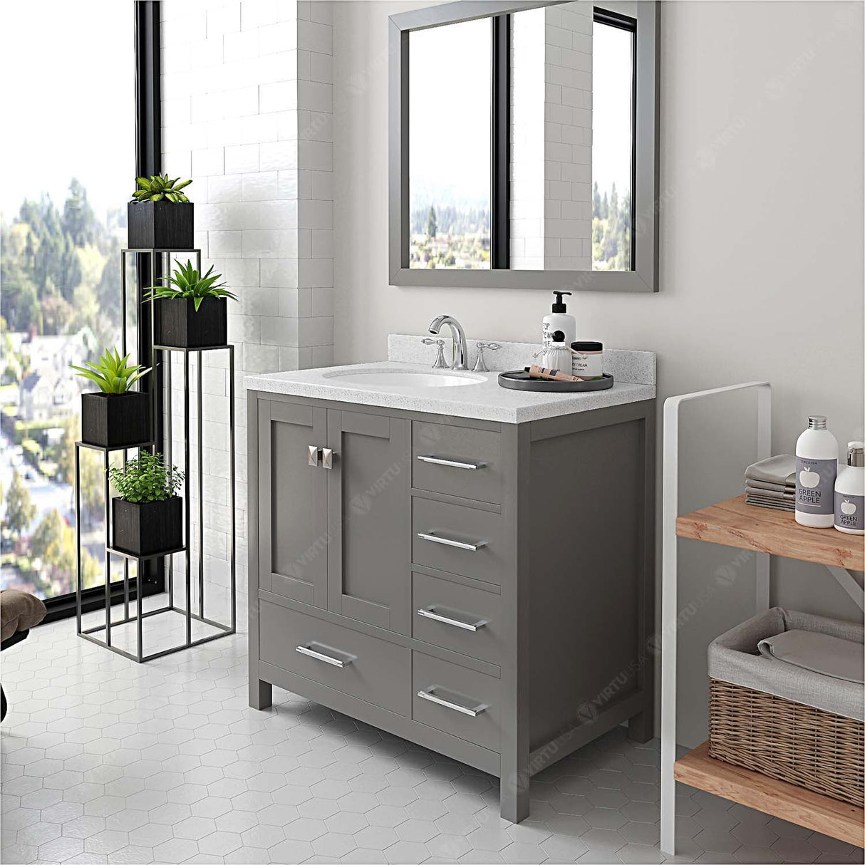 Virtu USA Caroline Avenue 36" Single Bath Vanity with Dazzle White Quartz Top and Round Sink with Matching Mirror