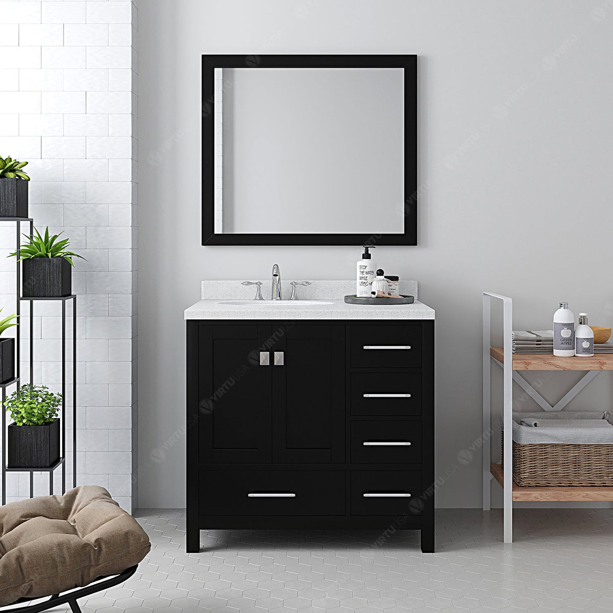 Virtu USA Caroline Avenue 36" Single Bath Vanity with Dazzle White Quartz Top and Round Sink with Matching Mirror