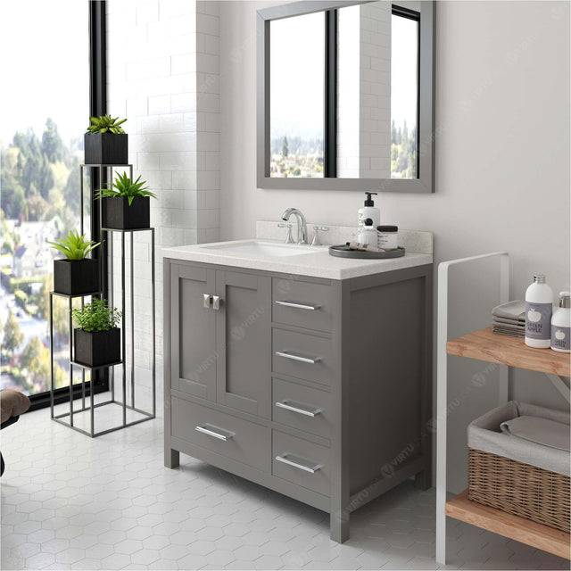 Virtu USA Caroline Avenue 36" Single Bath Vanity with Dazzle White Quartz Top and Square Sink with Brushed Nickel Faucet with Matching Mirror
