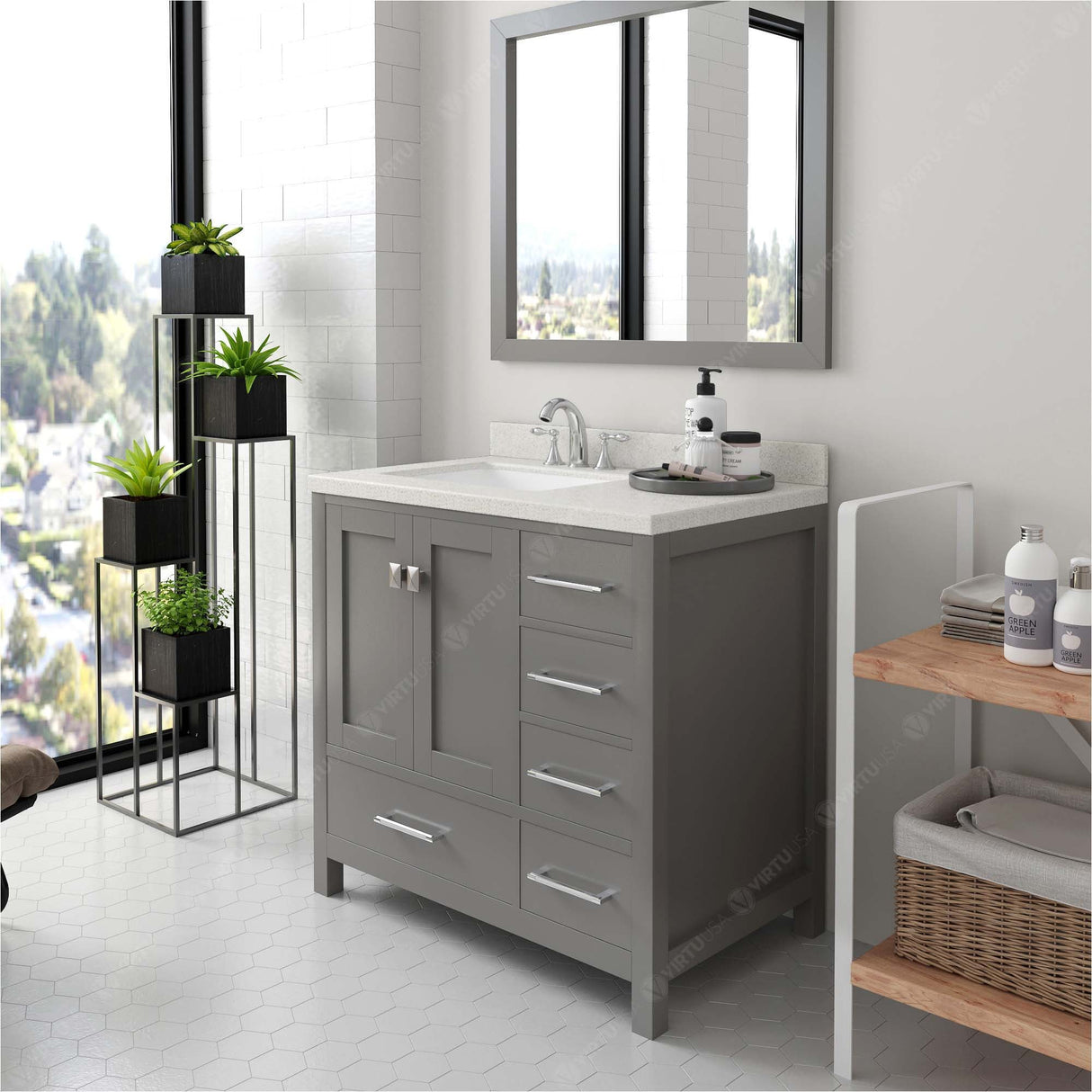 Virtu USA Caroline Avenue 36" Single Bath Vanity with Dazzle White Quartz Top and Square Sink with Polished Chrome Faucet with Matching Mirror