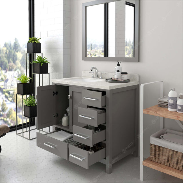 Virtu USA Caroline Avenue 36" Single Bath Vanity with Dazzle White Quartz Top and Square Sink with Brushed Nickel Faucet with Matching Mirror