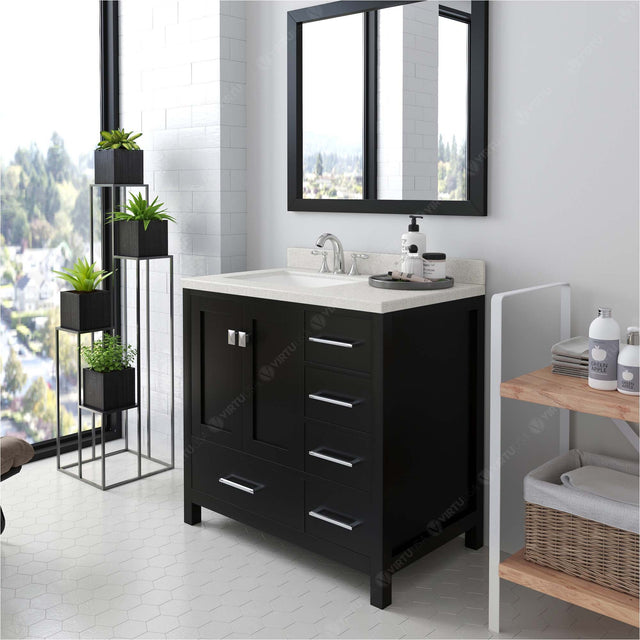Virtu USA Caroline Avenue 36" Single Bath Vanity with Dazzle White Quartz Top and Square Sink with Brushed Nickel Faucet with Matching Mirror