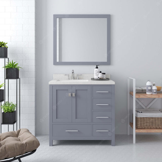 Virtu USA Caroline Avenue 36" Single Bath Vanity with Dazzle White Quartz Top and Square Sink with Brushed Nickel Faucet with Matching Mirror