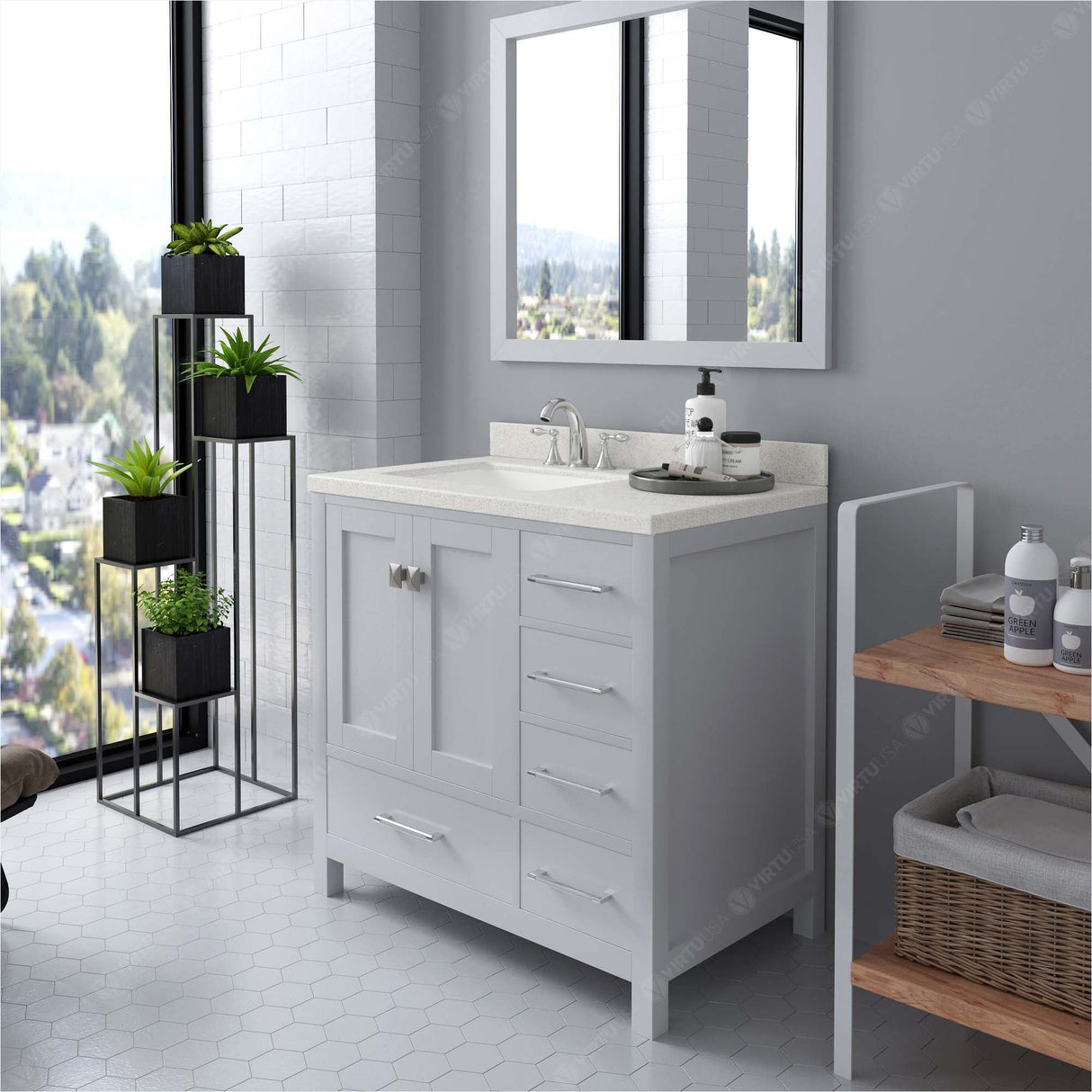 Virtu USA Caroline Avenue 36" Single Bath Vanity with Dazzle White Quartz Top and Square Sink with Polished Chrome Faucet with Matching Mirror