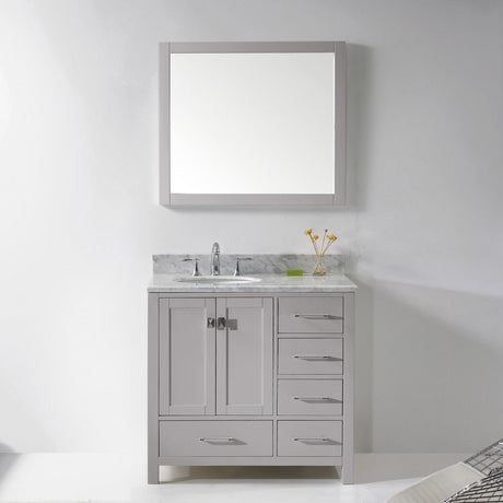 Virtu USA Caroline Avenue 36" Single Bath Vanity with White Marble Top and Round Sink with Brushed Nickel Faucet with Matching Mirror