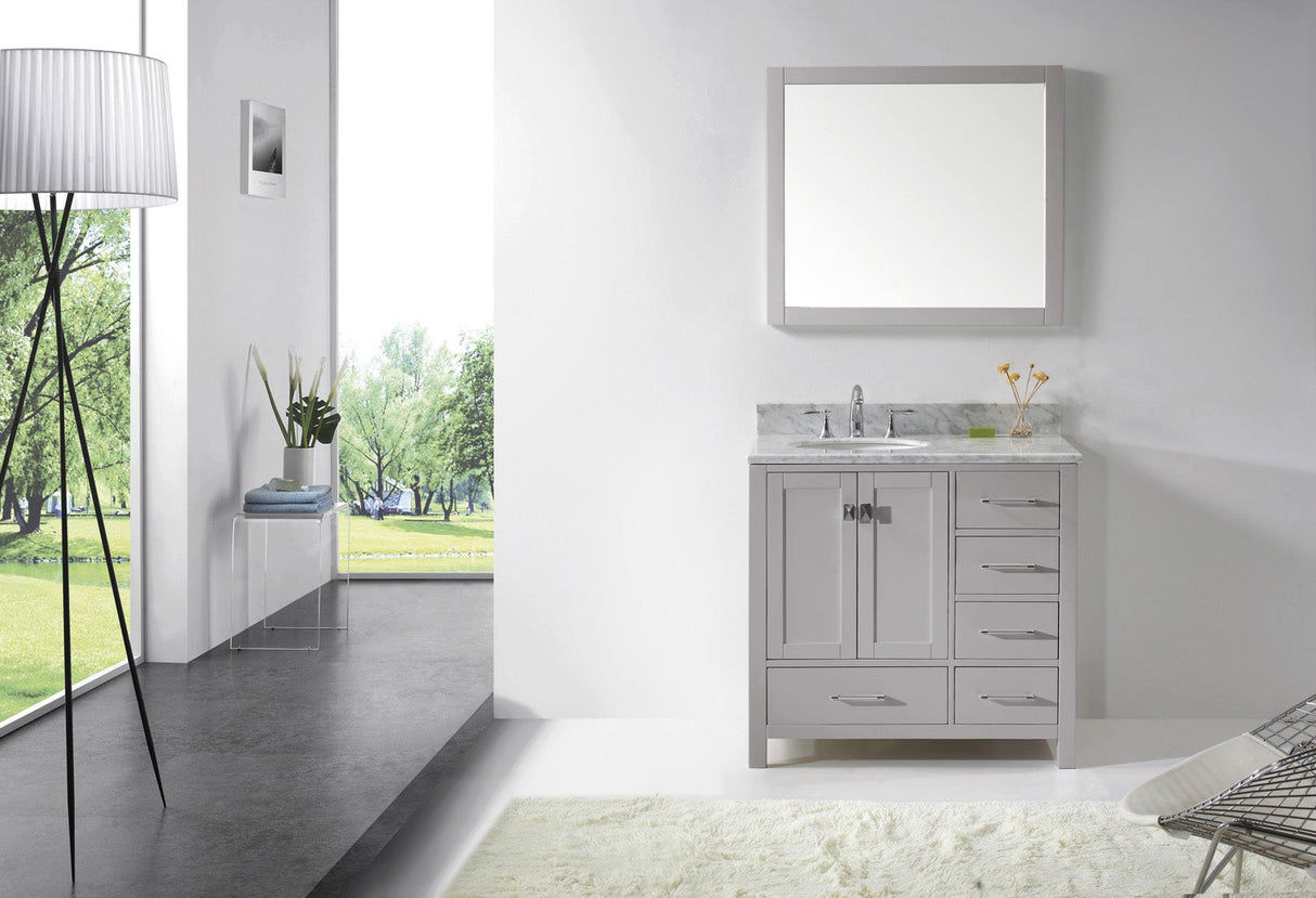 Virtu USA Caroline Avenue 36" Single Bath Vanity with White Marble Top and Round Sink with Brushed Nickel Faucet with Matching Mirror