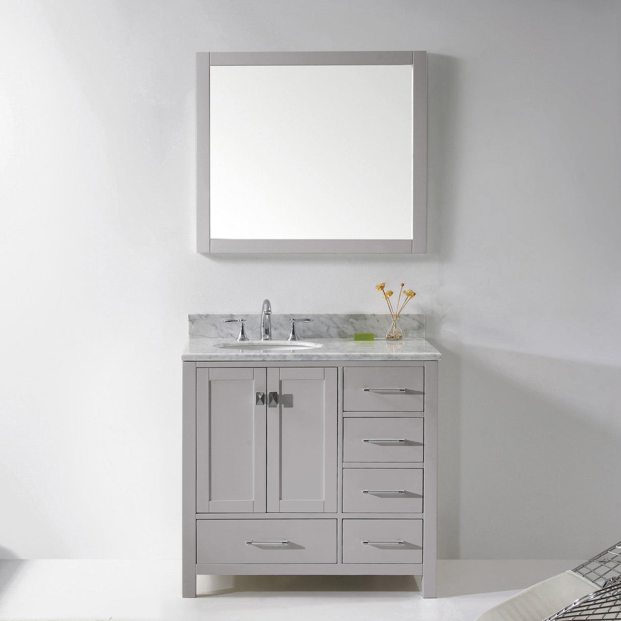 Virtu USA Caroline Avenue 36" Single Bath Vanity with White Marble Top and Round Sink with Polished Chrome Faucet with Matching Mirror