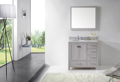 Virtu USA Caroline Avenue 36" Single Bath Vanity with White Marble Top and Round Sink with Polished Chrome Faucet with Matching Mirror