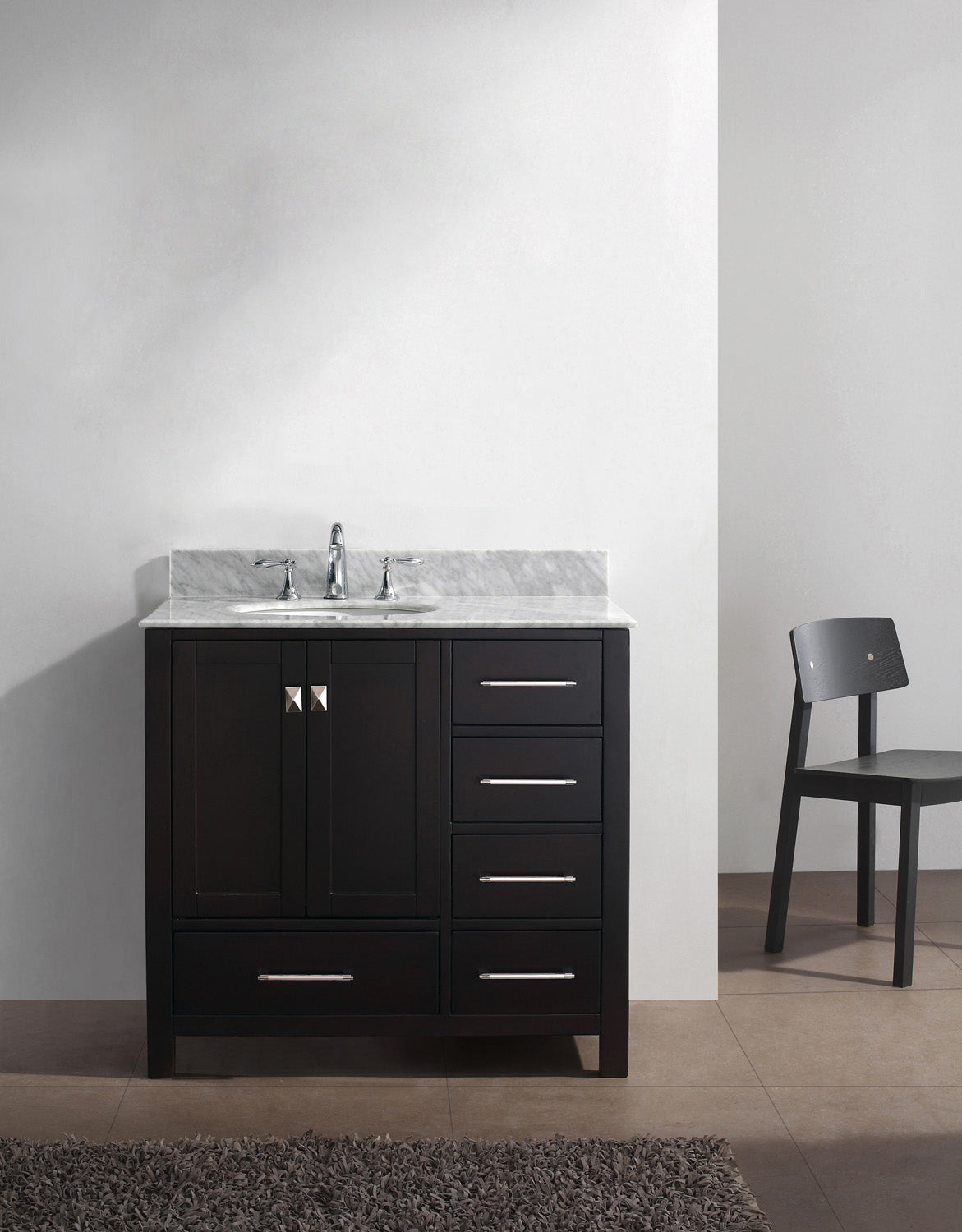 Virtu USA Caroline Avenue 36" Single Bath Vanity with White Marble Top and Round Sink