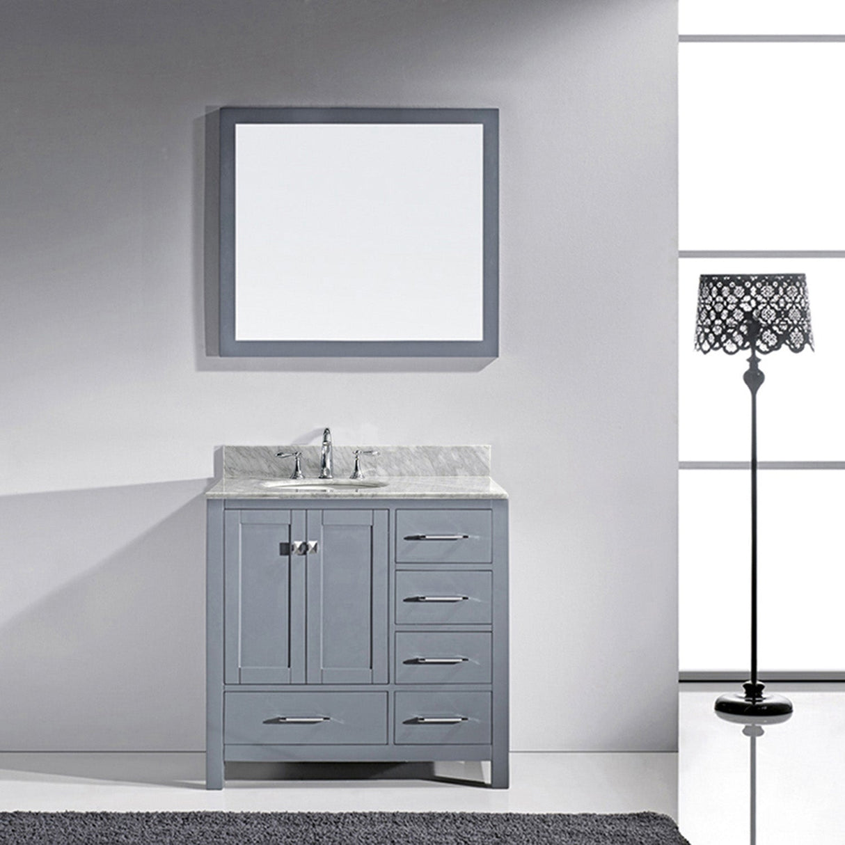 Virtu USA Caroline Avenue 36" Single Bath Vanity with White Marble Top and Round Sink with Brushed Nickel Faucet with Matching Mirror