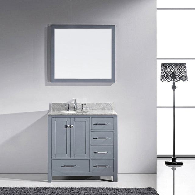 Virtu USA Caroline Avenue 36" Single Bath Vanity with White Marble Top and Round Sink with Brushed Nickel Faucet with Matching Mirror