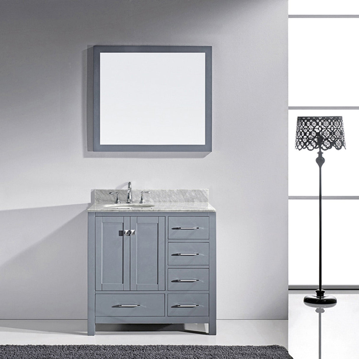 Virtu USA Caroline Avenue 36" Single Bath Vanity with White Marble Top and Round Sink with Brushed Nickel Faucet with Matching Mirror