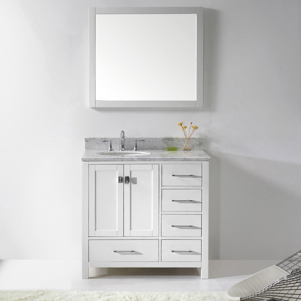 Virtu USA Caroline Avenue 36" Single Bath Vanity with White Marble Top and Round Sink with Brushed Nickel Faucet with Matching Mirror