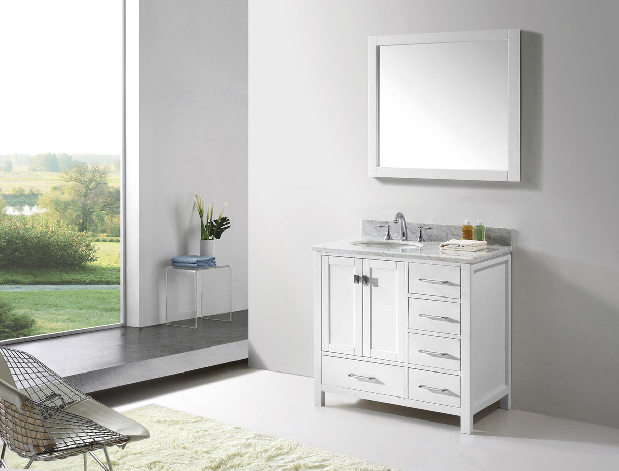 Virtu USA Caroline Avenue 36" Single Bath Vanity with White Marble Top and Round Sink with Brushed Nickel Faucet with Matching Mirror