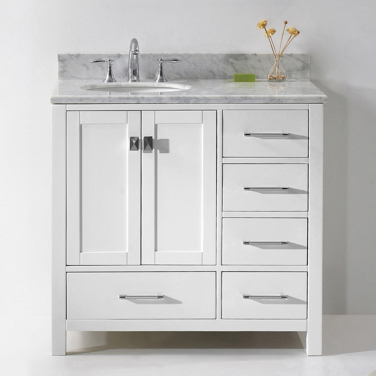 Virtu USA Caroline Avenue 36" Single Bath Vanity with White Marble Top and Round Sink with Polished Chrome Faucet