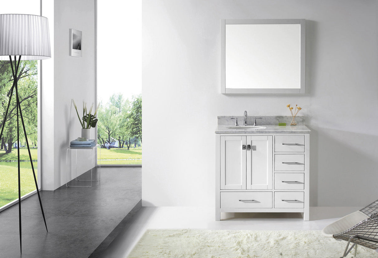 Virtu USA Caroline Avenue 36" Single Bath Vanity with White Marble Top and Round Sink with Matching Mirror