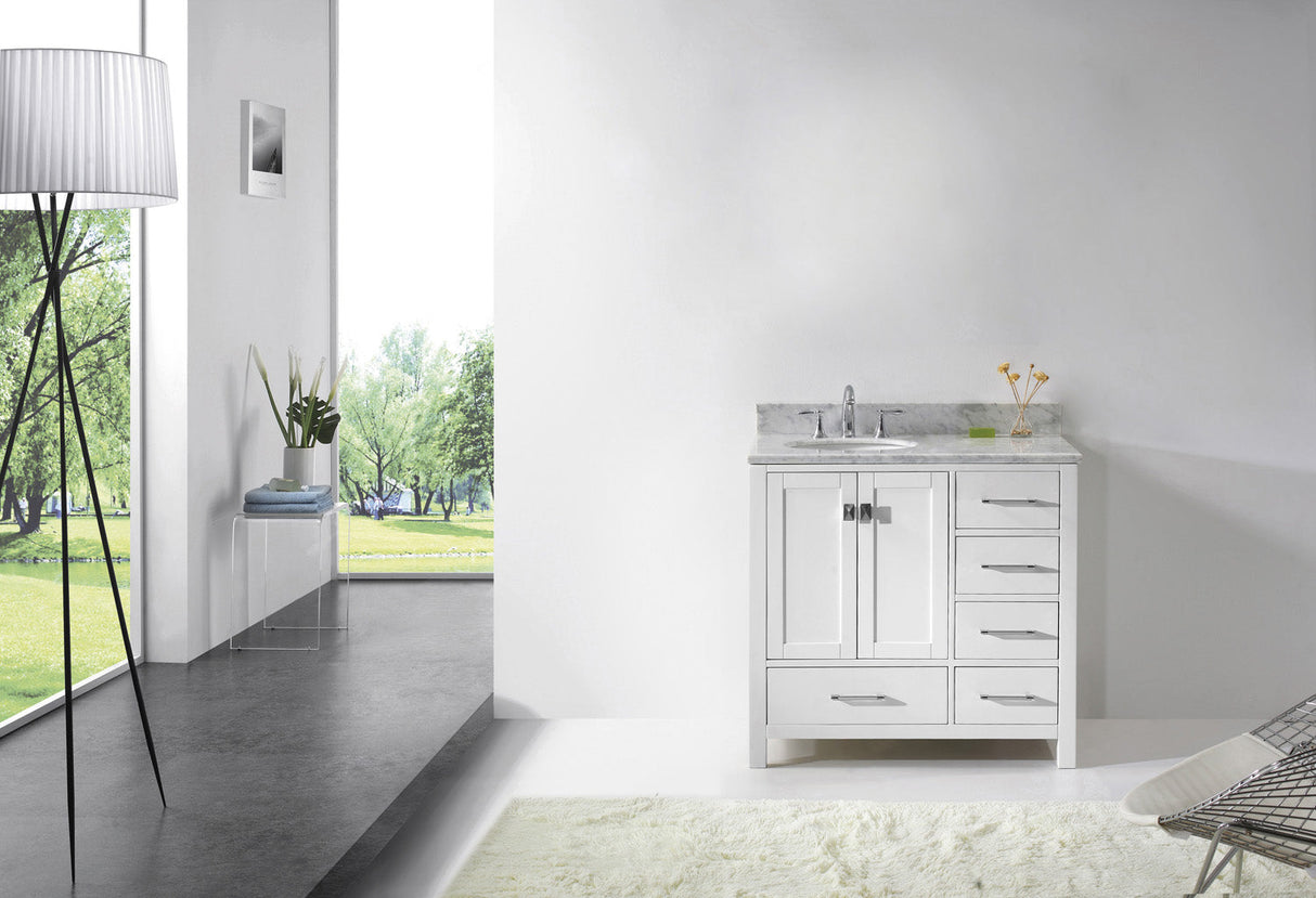 Virtu USA Caroline Avenue 36" Single Bath Vanity with White Marble Top and Round Sink