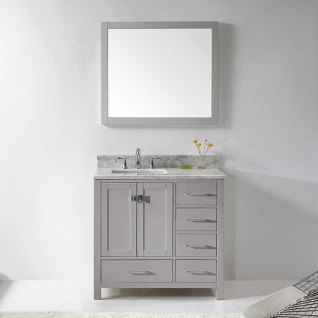 Virtu USA Caroline Avenue 36" Single Bath Vanity with White Marble Top and Square Sink with Polished Chrome Faucet with Matching Mirror