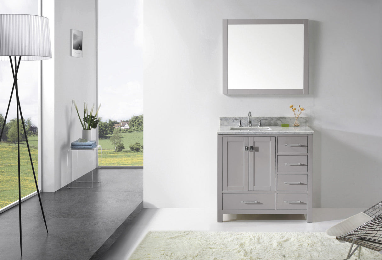 Virtu USA Caroline Avenue 36" Single Bath Vanity with White Marble Top and Square Sink with Polished Chrome Faucet with Matching Mirror