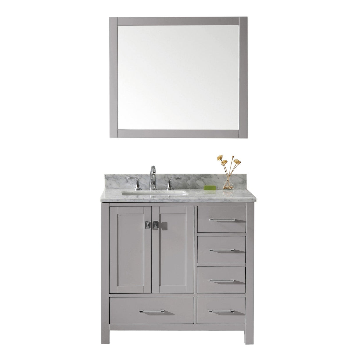 Virtu USA Caroline Avenue 36" Single Bath Vanity with Marble Top and Square Sink with Polished Chrome Faucet and Mirror - Luxe Bathroom Vanities Luxury Bathroom Fixtures Bathroom Furniture