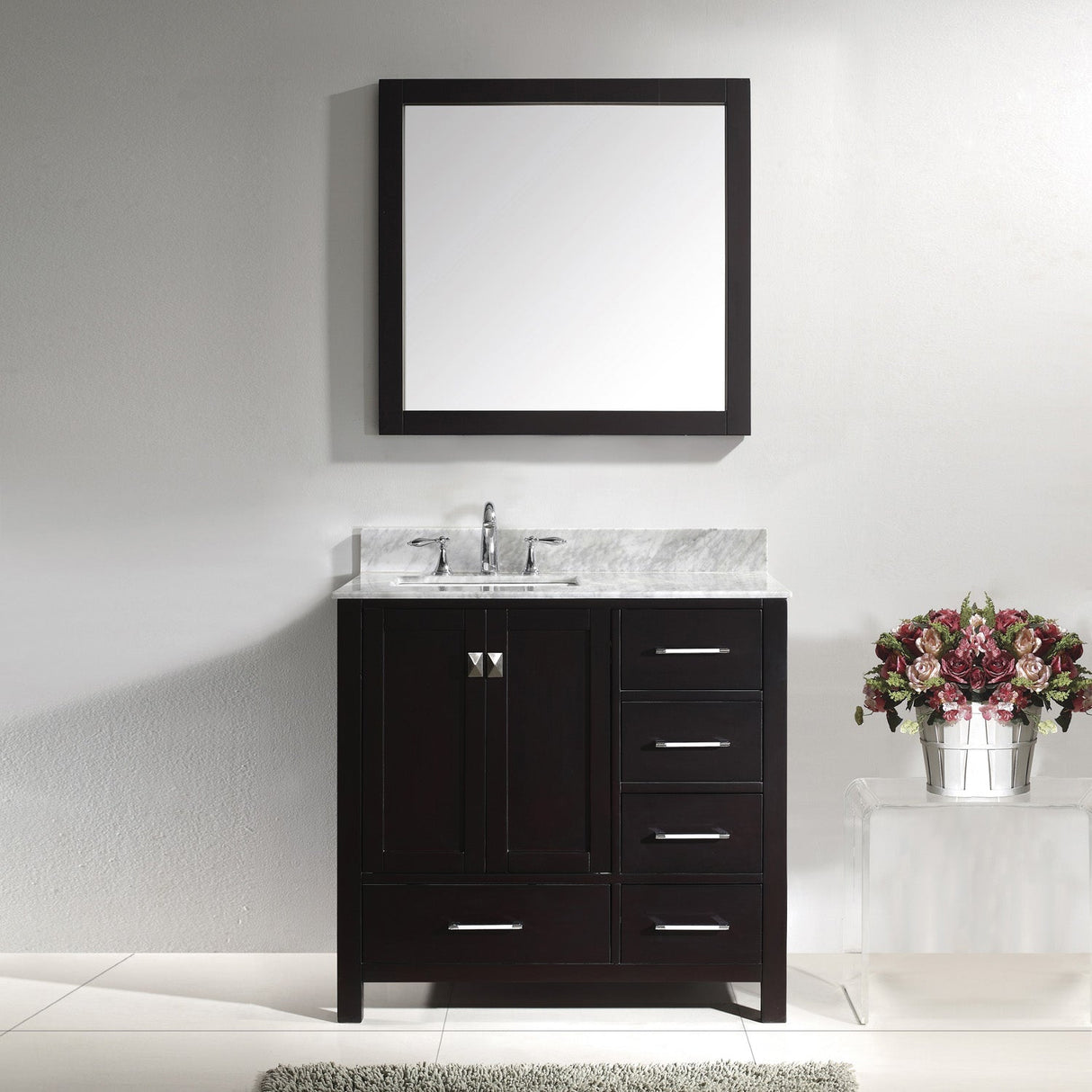 Virtu USA Caroline Avenue 36" Single Bath Vanity with White Marble Top and Square Sink with Polished Chrome Faucet with Matching Mirror