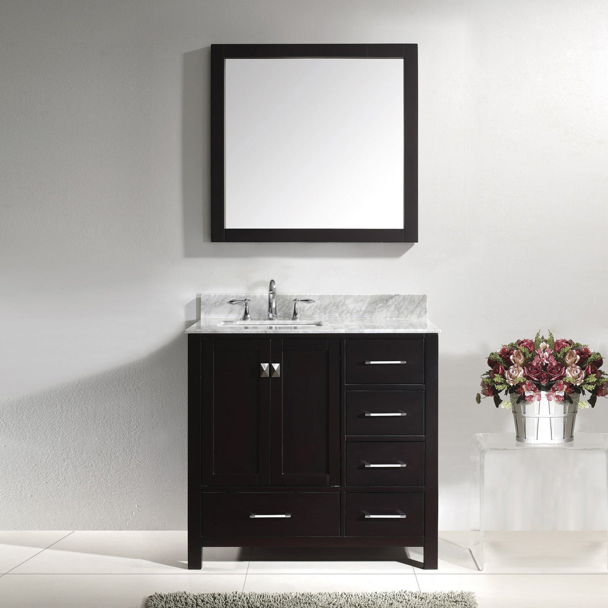 Virtu USA Caroline Avenue 36" Single Bath Vanity with White Marble Top and Square Sink with Matching Mirror