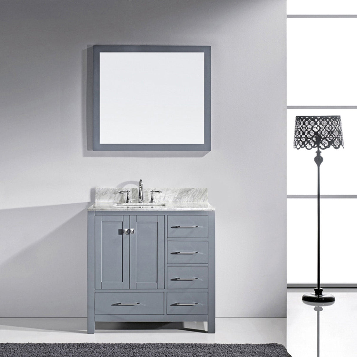 Virtu USA Caroline Avenue 36" Single Bath Vanity with White Marble Top and Square Sink with Polished Chrome Faucet with Matching Mirror