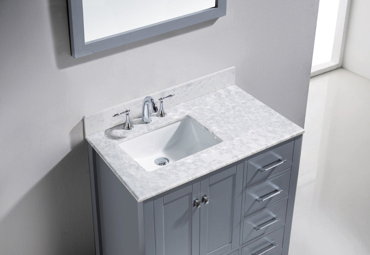 Virtu USA Caroline Avenue 36" Single Bath Vanity with White Marble Top and Square Sink with Polished Chrome Faucet with Matching Mirror