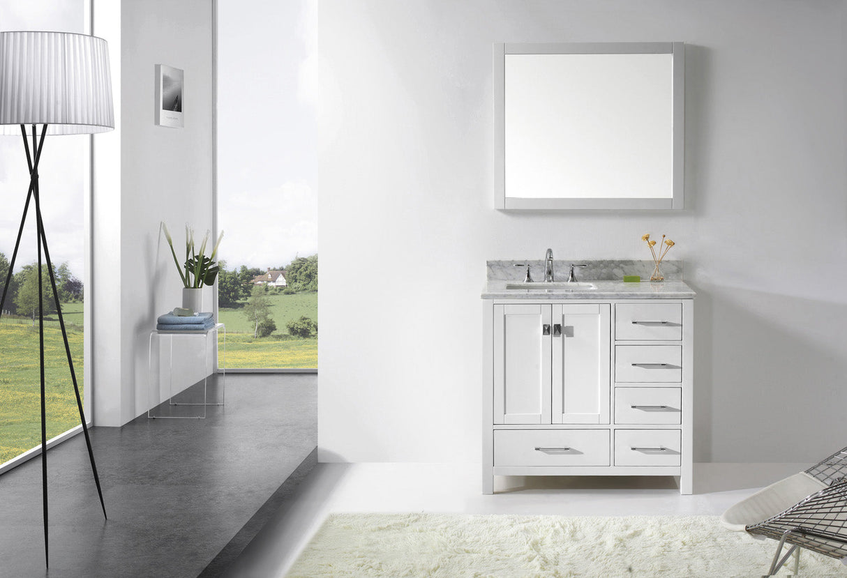 Virtu USA Caroline Avenue 36" Single Bath Vanity with White Marble Top and Square Sink with Polished Chrome Faucet with Matching Mirror