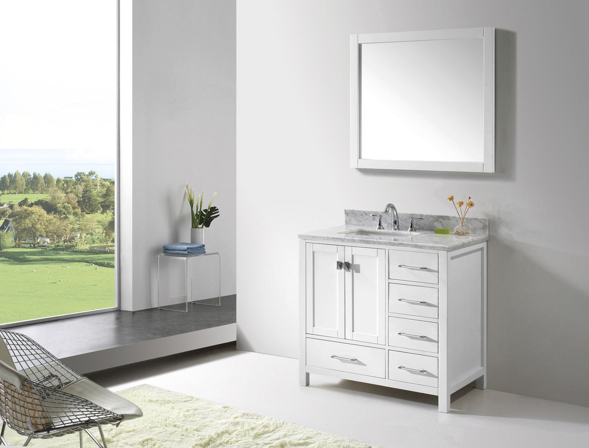 Virtu USA Caroline Avenue 36" Single Bath Vanity with White Marble Top and Square Sink with Polished Chrome Faucet with Matching Mirror