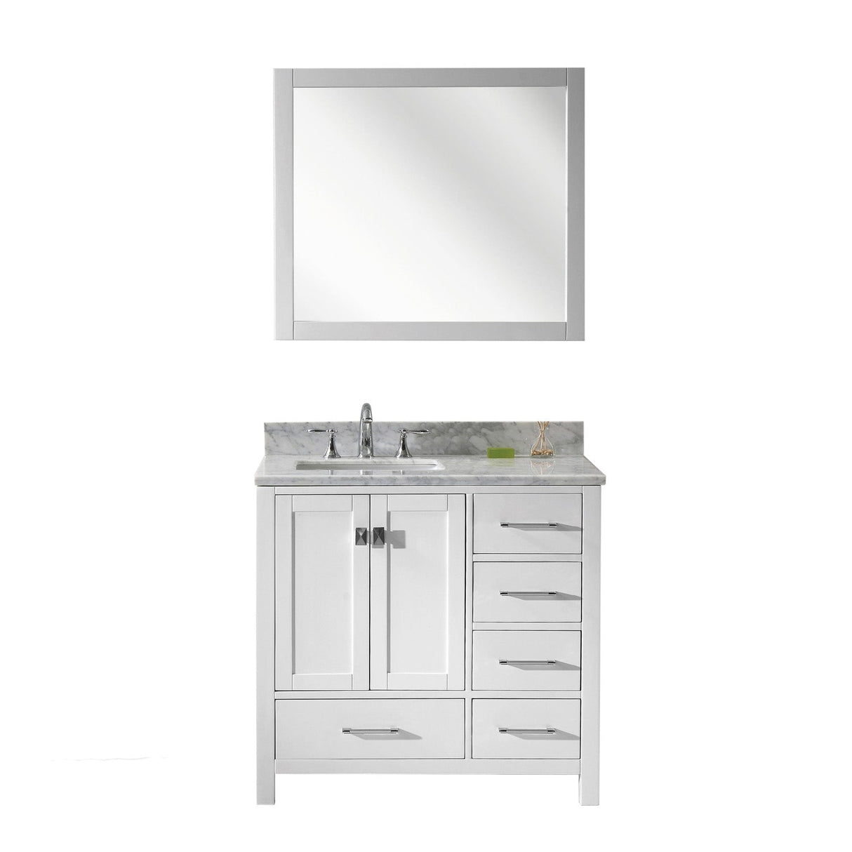 Virtu USA Caroline Avenue 36" Single Bath Vanity with Marble Top and Square Sink with Polished Chrome Faucet and Mirror - Luxe Bathroom Vanities Luxury Bathroom Fixtures Bathroom Furniture