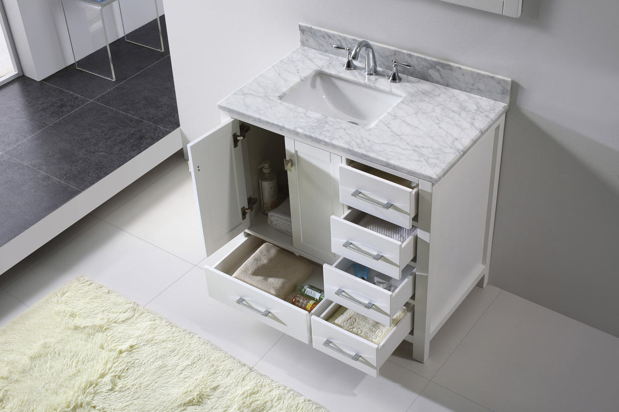 Virtu USA Caroline Avenue 36" Single Bath Vanity with White Marble Top and Square Sink with Matching Mirror