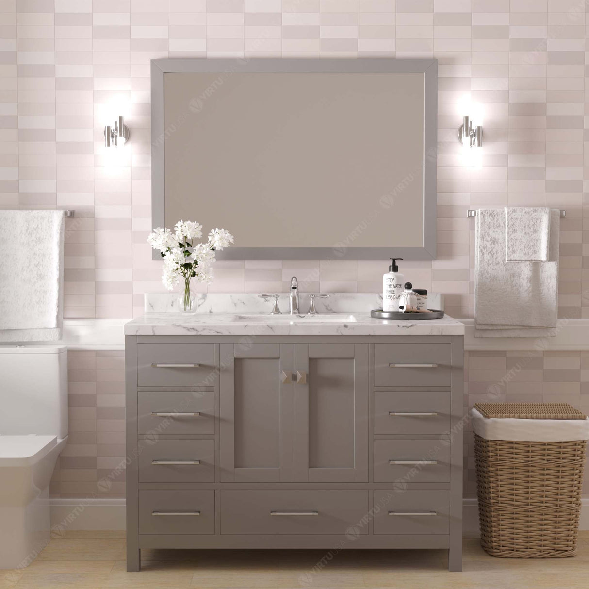 Virtu USA Caroline Avenue 48" Single Bath Vanity with White Quartz Top and Round Sink with Brushed Nickel Faucet with Matching Mirror